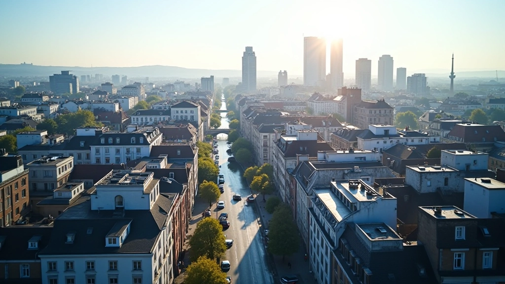 Vue aérienne d'une ville avec graphiques économiques superposés, indicateurs de croissance et récession visibles
